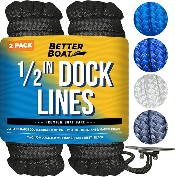 Boat Dock Lines & Rope Boat Ropes for Docking 1/2" Line Braided Mooring Marine Rope 25FT 1/2 Inch Nylon Rope Boat Dock Lines for Docking Boat Lines Boating Rope Braided with Loop Black 2 Pk