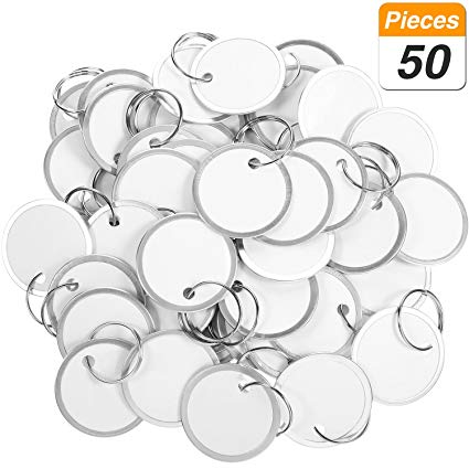 50 Pieces Round Metal Rim Tags Paper Key Tags with Key Rings (3.1cm, Silver and White)