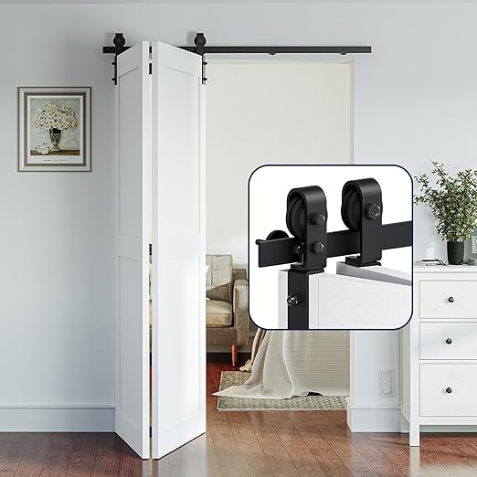 SMARTSTANDARD 3.8ft/46'' Bi-Folding Sliding Barn Door Hardware Kit, Bifold Barn Door Hardware Heavy Duty Sturdy Side Mounted for 2 Doors -Smoothly and Quietly-Easy to Install, Fit 42'' Door, No Doors