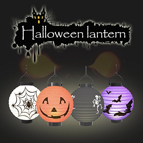 Halloween Pumpkin Lantern - Jack o Lantern [4 Pack]LED Pumpkin Spider Bat Skeleton Light - Halloween Indoor Outdoor Holiday Party Decor Paper Lantern