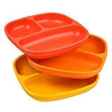 Re-Play Made In USA 3pk Divided Plates with Deep Sides for Easy Baby, Toddler, Child Feeding - Red, Orange & Sunny Yellow (Fall)