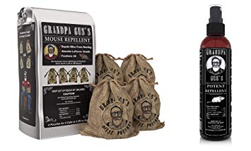 Grandpa Gus's Mouse Repellent Pouches   Potent Mouse Repellent Spray, Made with Peppermint/Cinnamon Oils, Protects Home/RV, Boat/Car Storage & Machinery, 4x1.38oz Burlap Pouches & 1x8oz Bottle Spray