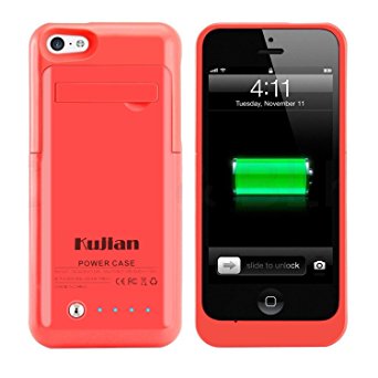 Kujian 5s5c2 Slim Rechargeable Case with 4 LED Lights, Built-in Pop-out Kickstand Holder, 2200 mAh External Battery Backup for iPhone 5, 5s, 5c- Pink