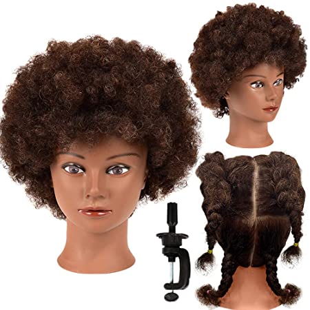 Morris African American Mannequin Head With 100% Human Hair Curly Hair Cosmetology Manikin Head Training Head Doll Head for Hairdresser Practice Styling Braiding with Clamp Stand