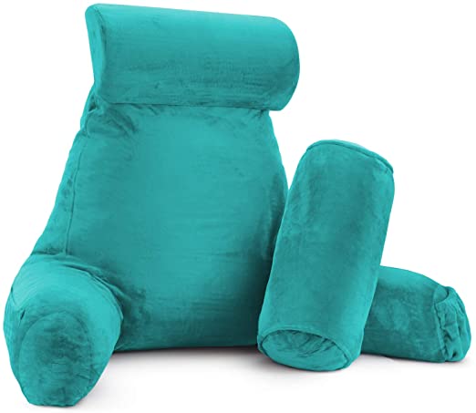 New & Improved Reading Pillow, Extra Large Bed Rest Pillow with Arms and Pockets - Shredded Memory Foam Fill - Neck Roll & Lumbar Support Pillow - Soft Velour Cover - Set of 3 - Teal