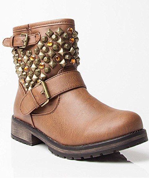 Breckelle Rocker-24 Studded Round Toe Stacked Heel Ankle Motorcycle Boots TAN (6.5)