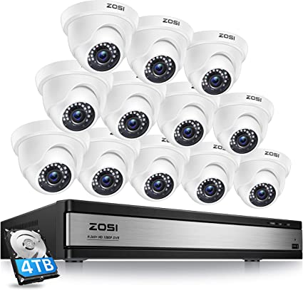 ZOSI H.265  1080p 16 Channel Security Camera System,16 Channel CCTV DVR with Hard Drive 4TB and 12 x 1080p Indoor Outdoor Dome Camera, 80ft Night Vision, 105° View Angle, Remote Control, Alert Push