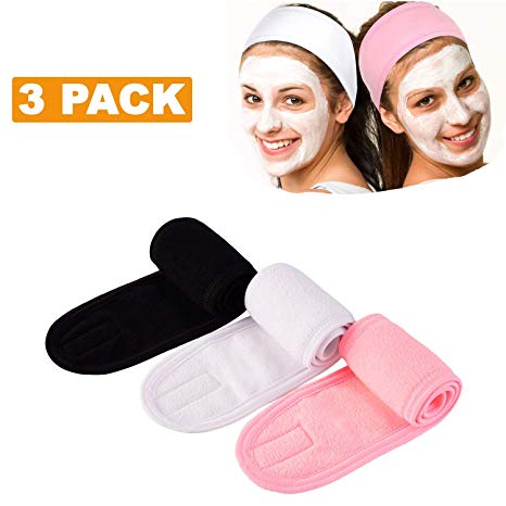 MOXVIN Spa Facial Headband Hair Wrap - Makeup Headbands for Women - Stretchable Washable Hair Band for Face - Wrap Head Terry Cloth Adjustable Towel - 3 Pieces - White, Black, Pink