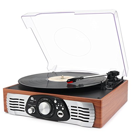 1byone Belt-Drive 3-Speed Stereo Turntable with Built in Speakers, Supports Vinyl to MP3 Recording, USB MP3 Playback, and RCA Output, Natural Wood