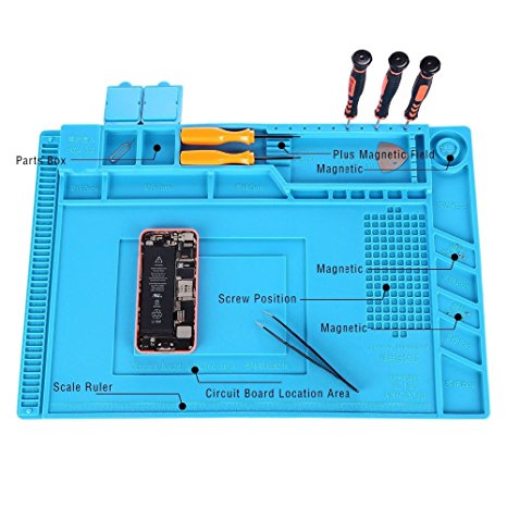 Cellphone Repair Mat, M.Way 45 x 30cm Multi-function Magnetic Heat Insulation Silicone Screw Repair Tools Pad Desk Mat Maintenance Platform for BGA Soldering Iron Repair Station, Watch Repair