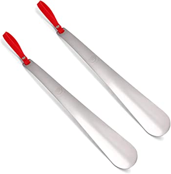 Metal Shoe Horn, Long Handled Shoehorn for Men, Women, Kids, Seniors, Pregnancy, Boots and Shoes, Heavy Duty Stainless Steel with Silicone Lanyard(Red 2Packs)