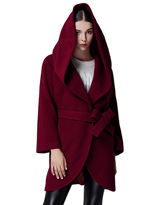 THIN MORE Womens Plus Size Hooded Wrap Wool Cape Coat with Belt Collar