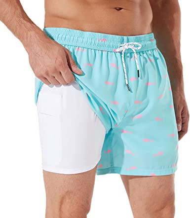 BRISIRA Swim Trunks Men Quick Dry Swim Shorts 5 inch Inseam Stretch Water Beach Shorts with Compression Liner Zipper Pocket