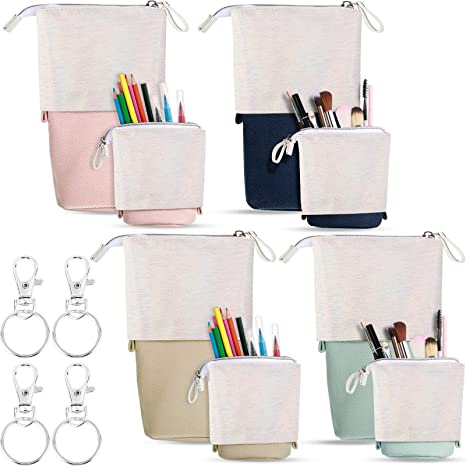 4 Pieces Pencil Case with Keychain Telescopic Pen Holder Transformer Standing Stationery stand up Pencil Case Box Pencil Pouch Bag Storage Makeup Cosmetic Bag with Zipper for School College Office