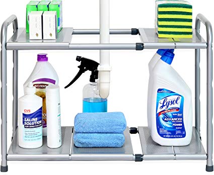 SimpleHouseware Under Sink 2 Tier Expandable Shelf Organizer Rack, Silver (Expand from 38 to 63.5 cm)