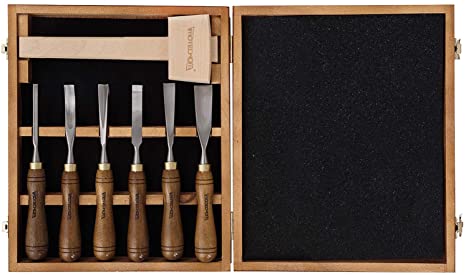 IMOTECHOM 7-Pieces Woodworking Wood Carving Tools Chisel Set with Walnut Handle, Beech Wood Mallet Hammer, Wooden Storage Case