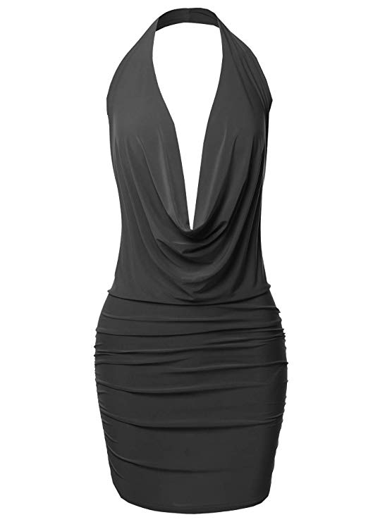 Made by Emma Women's Sexy Halter Neck Ruched Bodycon Backless Party Cocktail Mini Dress