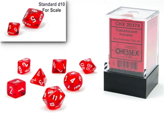 Chessex Dice Set – 10mm Translucent Red/White Plastic Polyhedral Dice Set – Dungeons and Dragons D&D DND TTRPG Dice – Includes 7 Dice - D4 D6 D8 D10 D12 D20 D% (CHX20374)