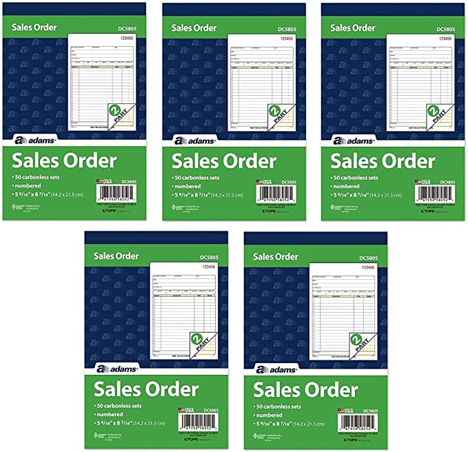 Adams Sales Order Book, 2-Part, Carbonless, White/Canary, 5-9/16 x 8-7/16 Inches, 50 Sets per Book, 5 Books, 250 Sets Total (DC5805)