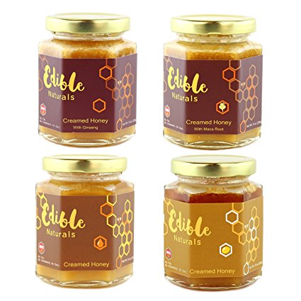 WOHO Editable 100% Pure Creamed Honey 8oz (226g) - All Natural Spun RAW Honey (4 Bottles Variety Pack)
