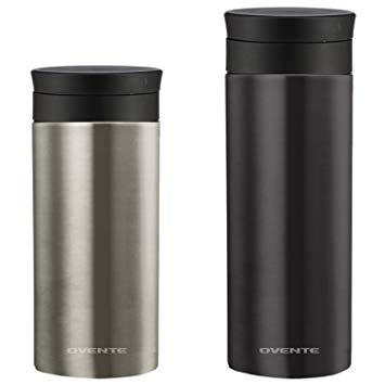 Ovente Travel Mug with Flavor Infuser, Hot/Cool Thermos, Vacuum Insulated, Stainless Steel, Nickel Brushed, 12 oz and 16 oz, Nickel Brushed and Gunmetal (2-pack)