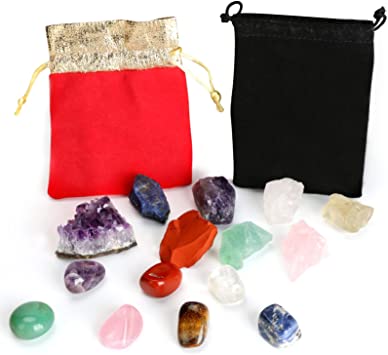 WIOR Crystals and Healing Stones Set, 15PCS Natural Reiki Healing Crystals Collection Include 8 Raw Chakra Stones and 7 Tumbled Stones, Colorful Chakra Healing Gemstone Accessories for Meditation Yoga