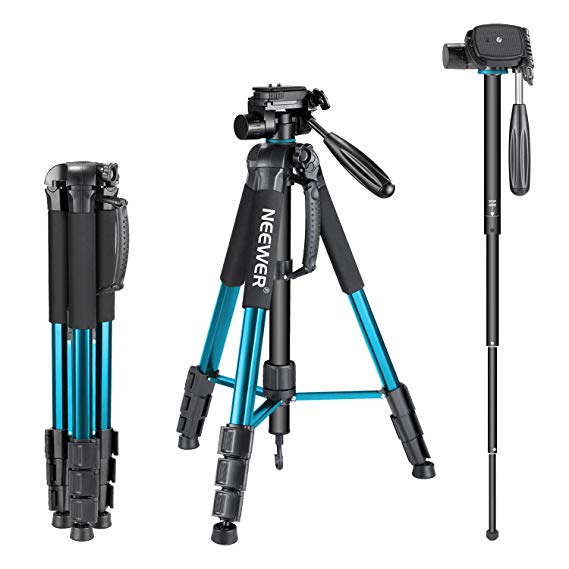 Neewer Portable 70 inches/177 Centimeters Aluminum Alloy Camera Tripod Monopod with 3-Way Swivel Pan Head,Bag for DSLR Camera,DV Video Camcorder,Load up to 8.8 pounds/4 kilograms Blue(SAB264)