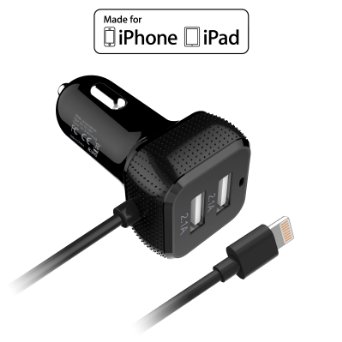JANX Apple MFI Certified 6.6Amp (33 Watt) Dual USB Port Car with Built in Lightning Cable in Car Charger Designed for Apple and Android Devices - Black
