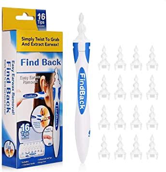 Ear Wax Remover,Q Grips Ear Cleaning kit,Safe & Soft Spiral Earwax Removal Tool with 16 pcs Silicone Washable Replacement Tips,Safe and Soft Q Grips, Suitable for Kids and Family(Blue)