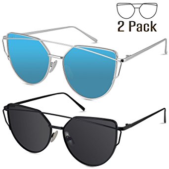 Livhò Sunglasses for Women, 2 Pack Cat Eye Mirrored Flat Lenses Metal Frame Sunglasses UV400