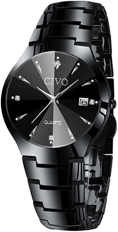 CIVO Mens Watches Black Silver Waterproof Date Calendar Wrist Watch for Man with Stainless Steel Strap Sports Business Fashion Gents Dress Casual Analogue Watch