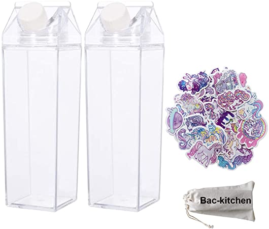2 Pack Milk Carton Water Bottle - Clear Square Milk Bottles BPA Free Portable Water Bottle with 23 PCS Stickers For Outdoor Sports Travel Camping Activities(500ml) (500ml)