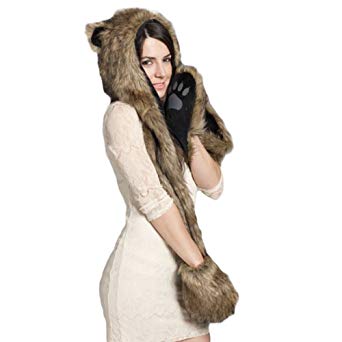 Julvie Faux Fur Full Animal Hood Hoodie Hat 3-in-1 Mittens Scarf Spirit Paws Ears