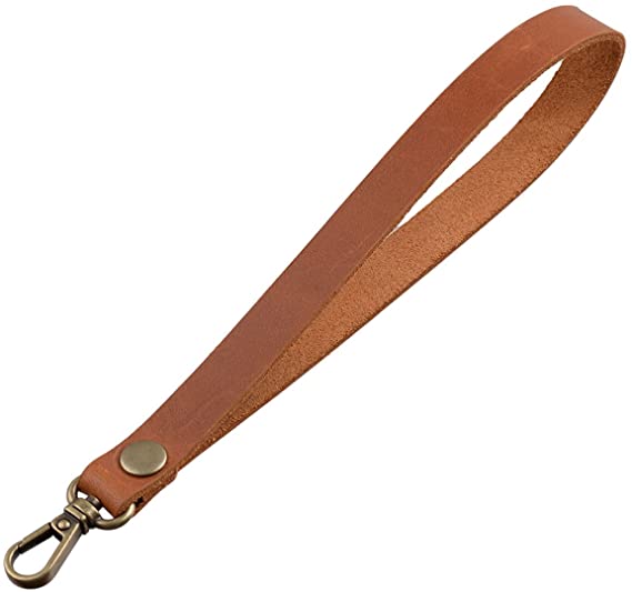 Genuine Leather Wrist Hand Strap Swivel Trigger Clip Snap Lobster Claw Clasp Handmade Key Ring Fob Lanyard (Tan-Bronze)