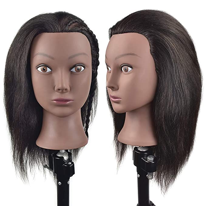 Mannequin Head with 100% Real Hair Cosmetology Afro Hair Manikin Head for Practice Styling Braiding with Free Clamp