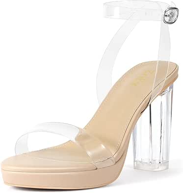 ZriEy 4-Inch Platform Clear High Heels for Women Block Chunky Heeled Sandals Open Toe Ankle Strap Heels Wedding Party Evening Prom Dress Pump Sandal Shoes