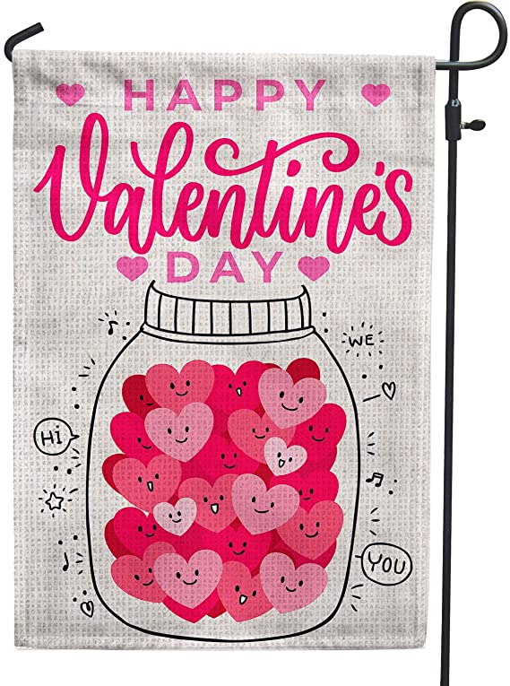 PAMBO Happy Valentines Day Garden Flag 12x18 Double Sided Burlap Hearts & Bottle Flags for Valentine Day Garden Yard Outdoor Decoration