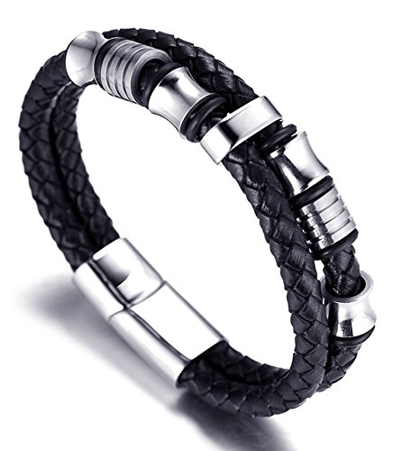 Halukakah "SOLO" Men's Genuine Leather Bracelet with Titanium Beads Silver Titanium Clasp with Magnets 8.46"(21.5cm) with FREE Giftbox