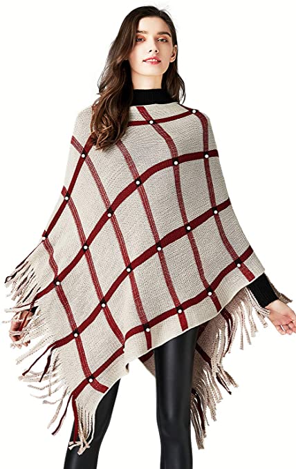 Bellady Women's Knitted Poncho Pullovers Sweater Tops, Fringe V-Neck Striped Tartan Shawl Cape for Winter