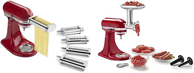 KitchenAid KSMPDX Pasta Deluxe Set Stand Mixer Attachment, 5 Piece, Stainless Steel & KSMMGA Metal Food Grinder Attachment, Silver