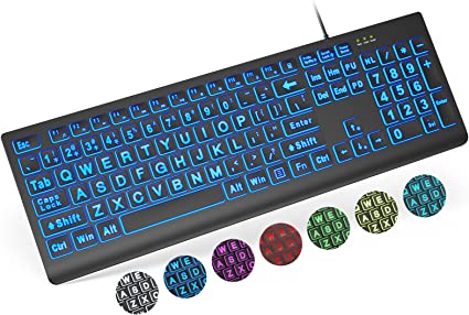 SABLUTE Large Print Backlit Keyboard, Wired USB Lighted Computer Keyboard with 7-Color & 4 Modes Backlit, Oversize Letters Keys Easy to See and Type, Quiet Keyboard Compatible for PC, Laptop