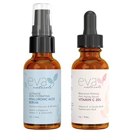 Eva Naturals Hydrate and Brighten Skincare Bundle - Includes Hyaluronic Acid Serum and 20% Vitamin C Serum - Restores Lost Moisture, Plumps Skin while Toning and Brightens and Smooths the Complexion