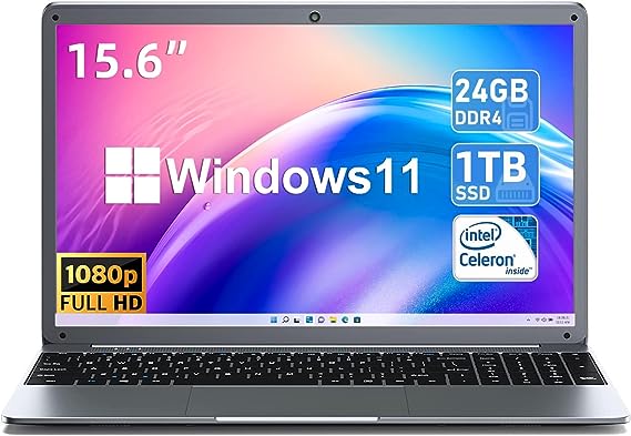 SGIN Laptop 24GB RAM 1TB SSD, 15.6 Inch Windows 11 Laptops with Intel Celeron Quad-Core Processor(up to 2.9 GHz), Full HD 1080P Screen, Mini HDMI, 2.4/5.0G WiFi Webcam, Bluetooth 4.2, Grey