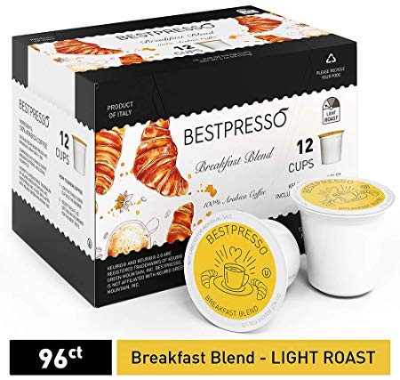 Bestpresso Coffee, Breakfast Blend Single Serve K-Cup, 96 Count (Compatible With 2.0 Keurig Brewers) 8 Packs Of 12 Cups