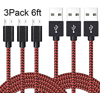 Micro USB Cable,AOFU Android Charger 3 Pack 6FT Premium Nylon Braid Cord Syncing and Charging Cable for Samsung Galaxy S7 Edge, HTC, Motorola, Nokia, Sony and More Android Devices(BlackRed)