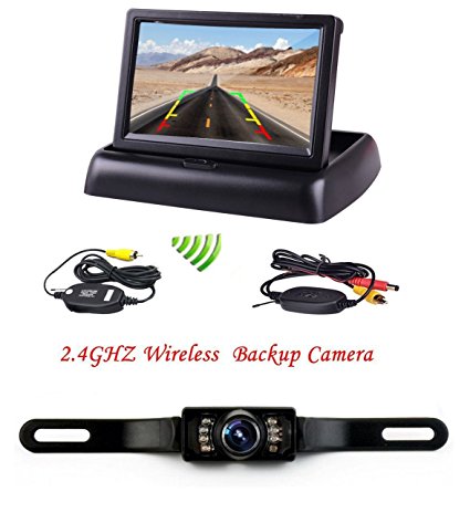 Podofo 4.3" Foldable Car TFT LCD Monitor Wireless Backup Camera License Plate Reverse Rear View Parking System Set