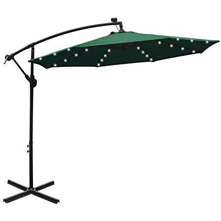 ABCCANOPY 10 FT Solar Powered LED Patio Outdoor Umbrella Hanging Umbrella Cantilever Umbrella Offset Umbrella Easy Open Lift 360 Degree Rotation with 32 LED Lights (Forest Green)