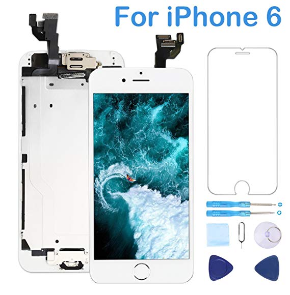Screen Replacement for iPhone 6 White 4.7" Inch LCD Display Touch Digitizer Frame Assembly Full Repair Kit,with Home Button,Proximity Sensor,Ear Speaker,Front Camera,Screen Protector,Repair Tools