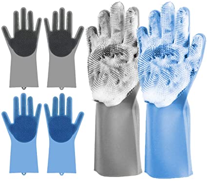 Rubber Gloves 2 Pack Magic Dishwashing Gloves Silicone Reusable Kitchen Gloves Heat Resistant Cleaning Scrub Brush for Pet Bathing,Kitchen,Toilet,Car Or Gift (Gray Blue)- Lnichot