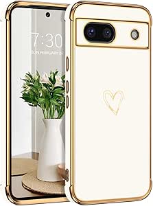 BENTOBEN for Google Pixel 8a Case, Google Pixel 8a Phone Case, Cute Heart Luxury Gold Plating Slim Flexible TPU Bumper Protective Cover, Women Men Girls Boys Phone Case for Google Pixel 8a, White